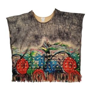 ADORE WOMENS FRINGE TOP LARGE COLORFUL ABSTRACT WESTERN PONCHO SLEEVELESS